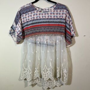 Soieblu BoHo Blouse Women’s Small Orange Blue Cream w/lace sheer bottom like new